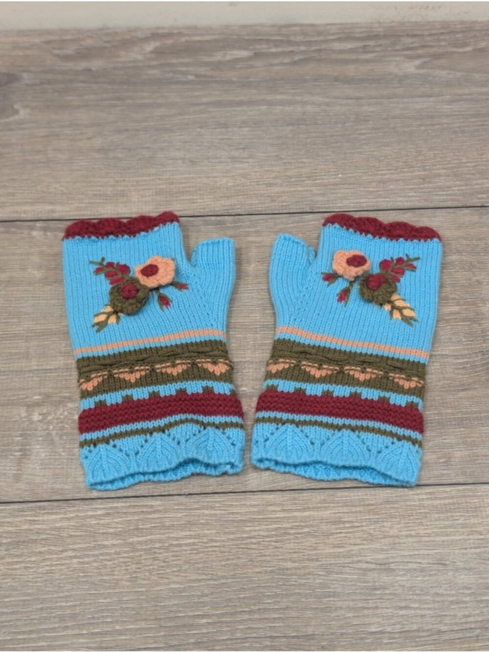 Knit Floral Embroidered Fingerless Gloves Aqua Blue Red Boho Mitten Lightweight
